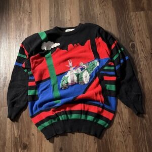 JOYE FUN Bugs Bunny Racing Car Knit Sweater Women's Size M Black Red Blue Green